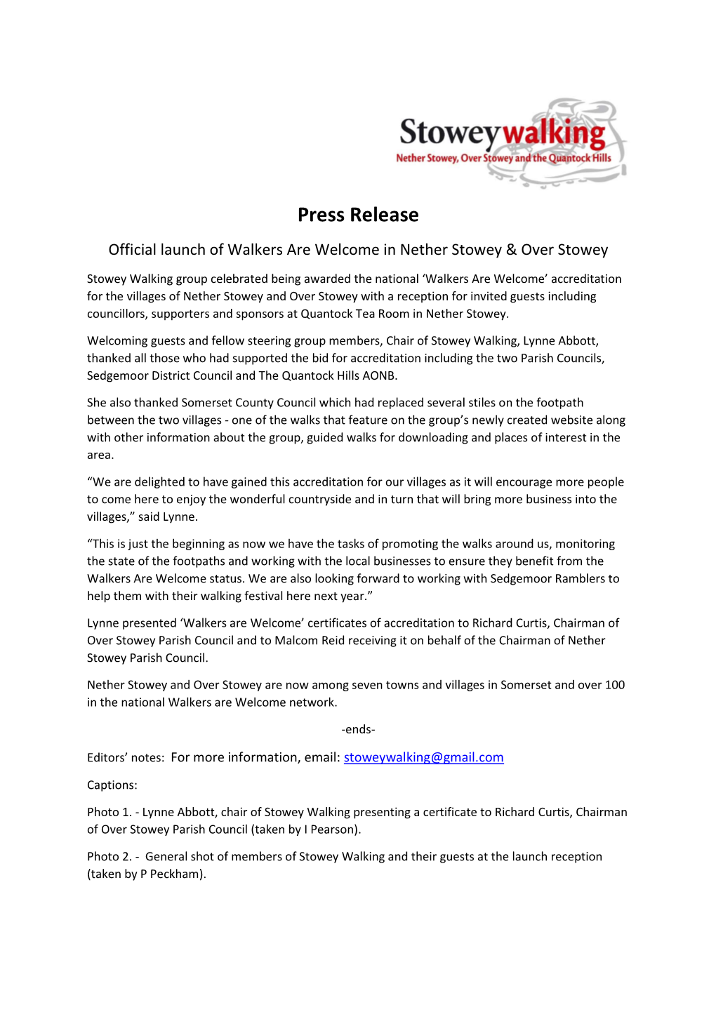 Press Release Official Launch of Walkers Are Welcome in Nether Stowey & Over Stowey