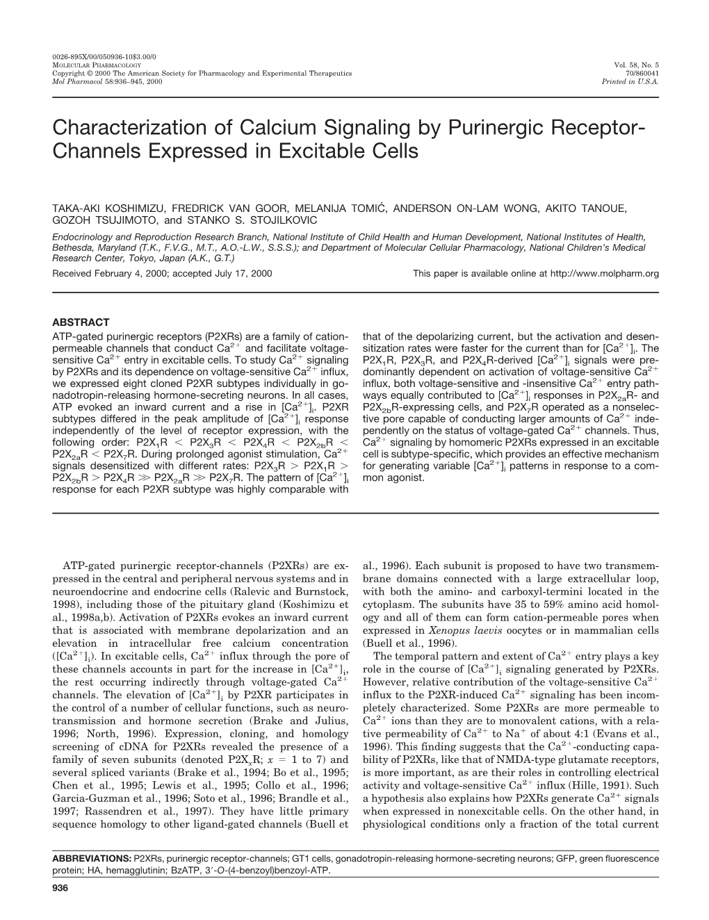 Characterization of Calcium Signaling by Purinergic Receptor- Channels Expressed in Excitable Cells
