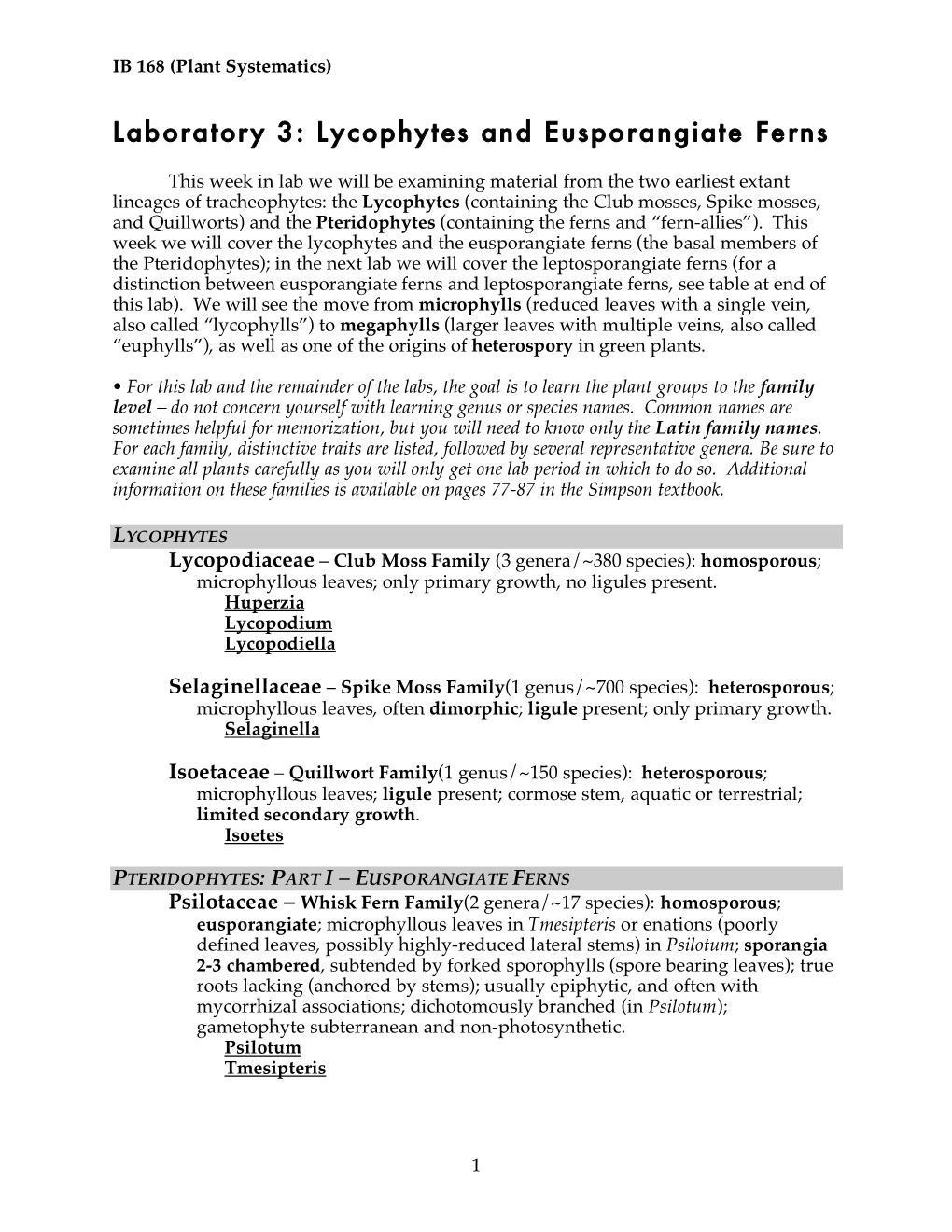 Laboratory 3: Lycophytes and Eusporangiate Ferns