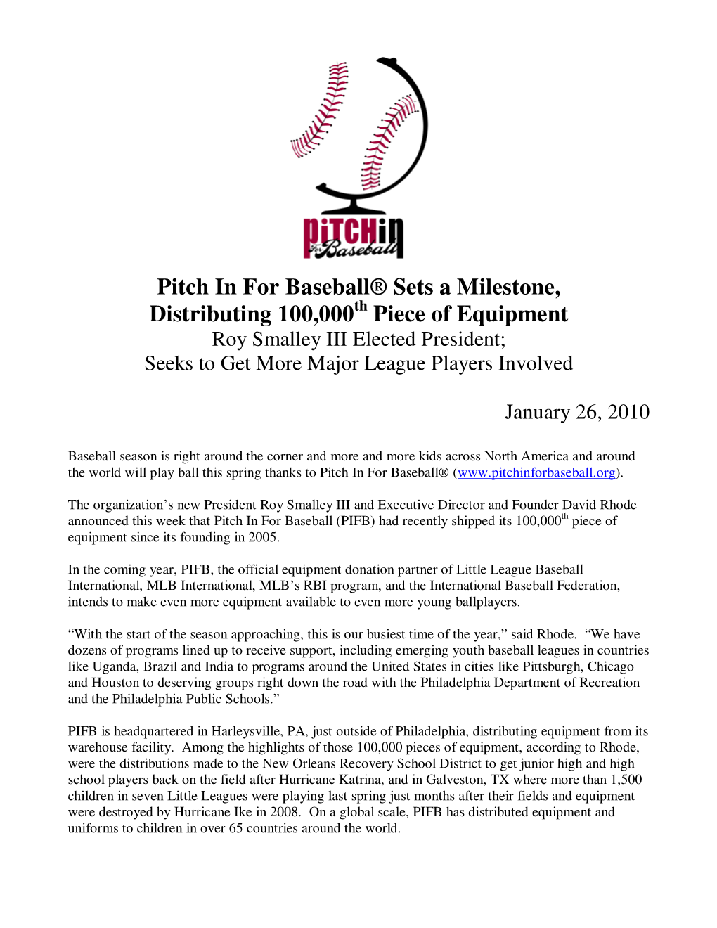 Pitch in for Baseball® Sets a Milestone, Distributing 100000