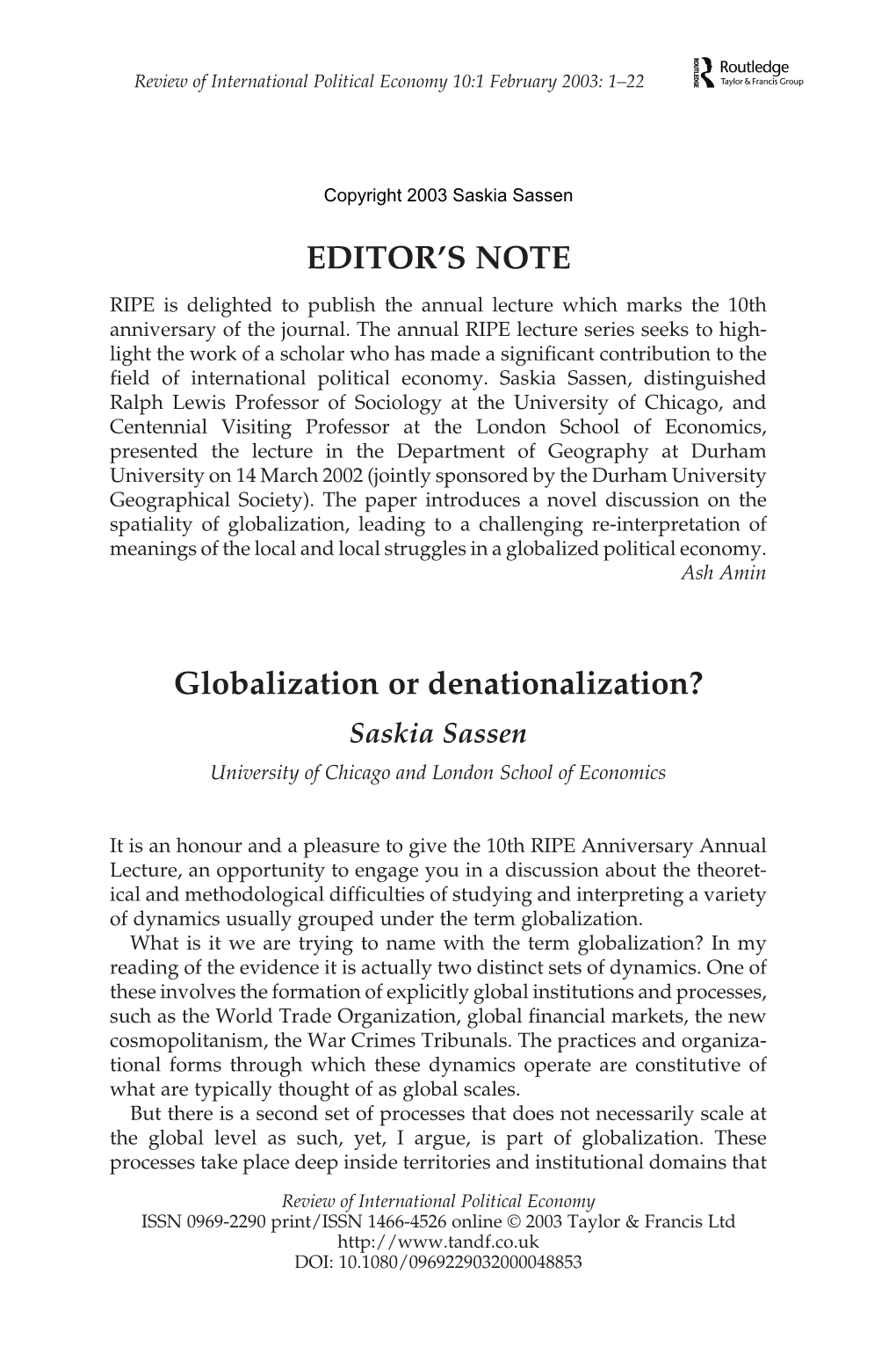 "Globalization Or Denationalization"