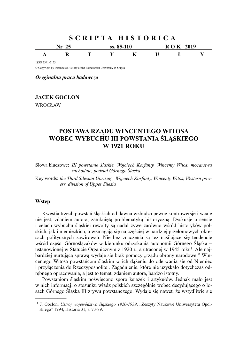 Postawa Rządu Wincentego Witosa Wobec Wybuchu Iii Powstania Śląskiego W 1921 Roku