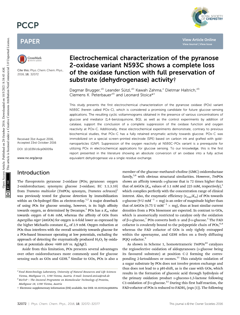 Electrochemical Characterization of the Pyranose 2-Oxidase Variant N593C Shows a Complete Loss Cite This: Phys