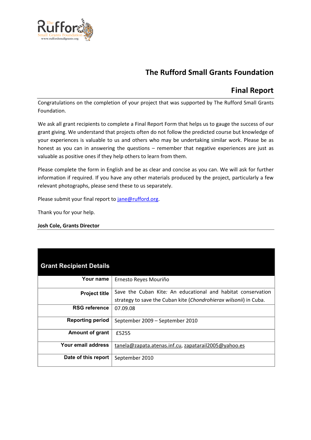 The Rufford Small Grants Foundation Final Report