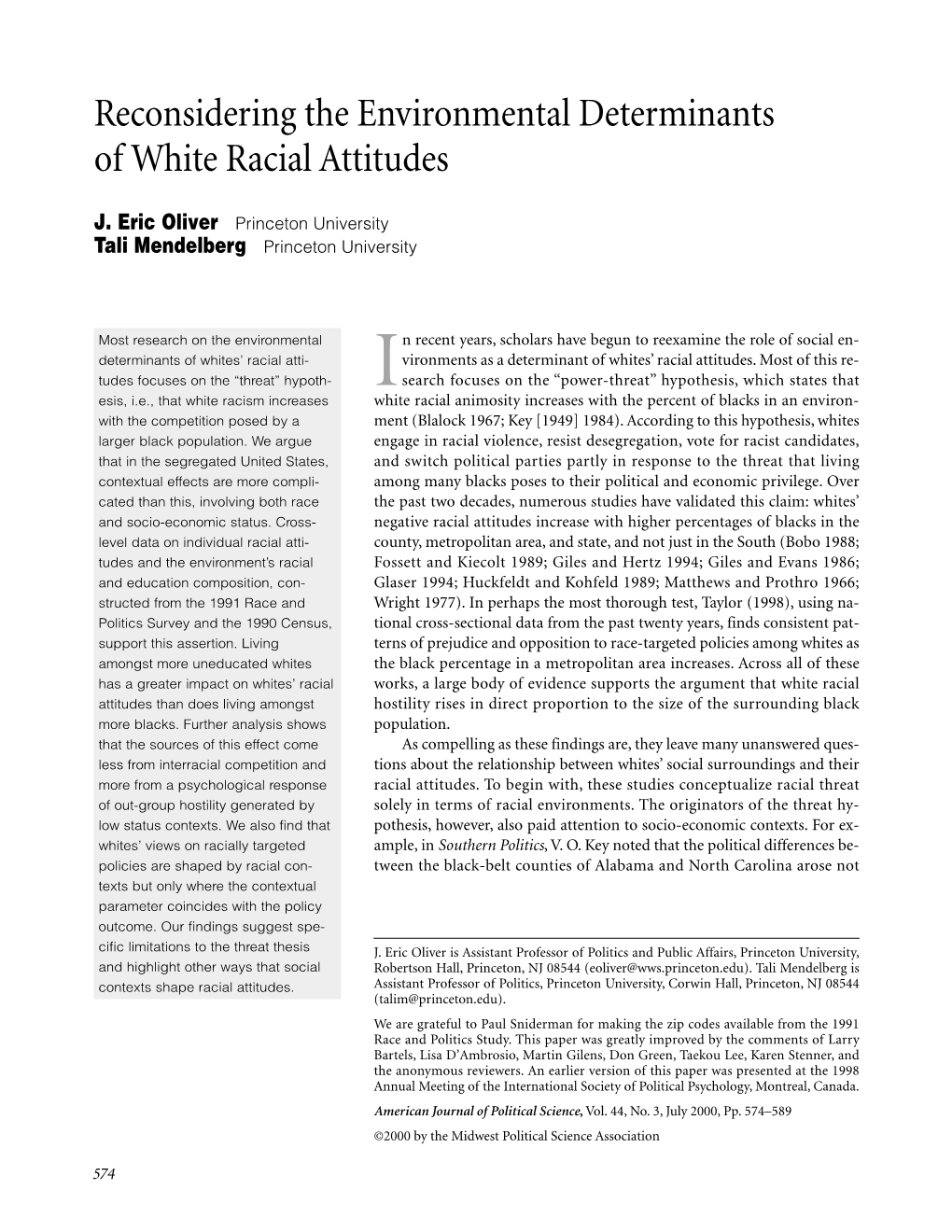 Reconsidering the Environmental Determinants of White Racial Attitudes
