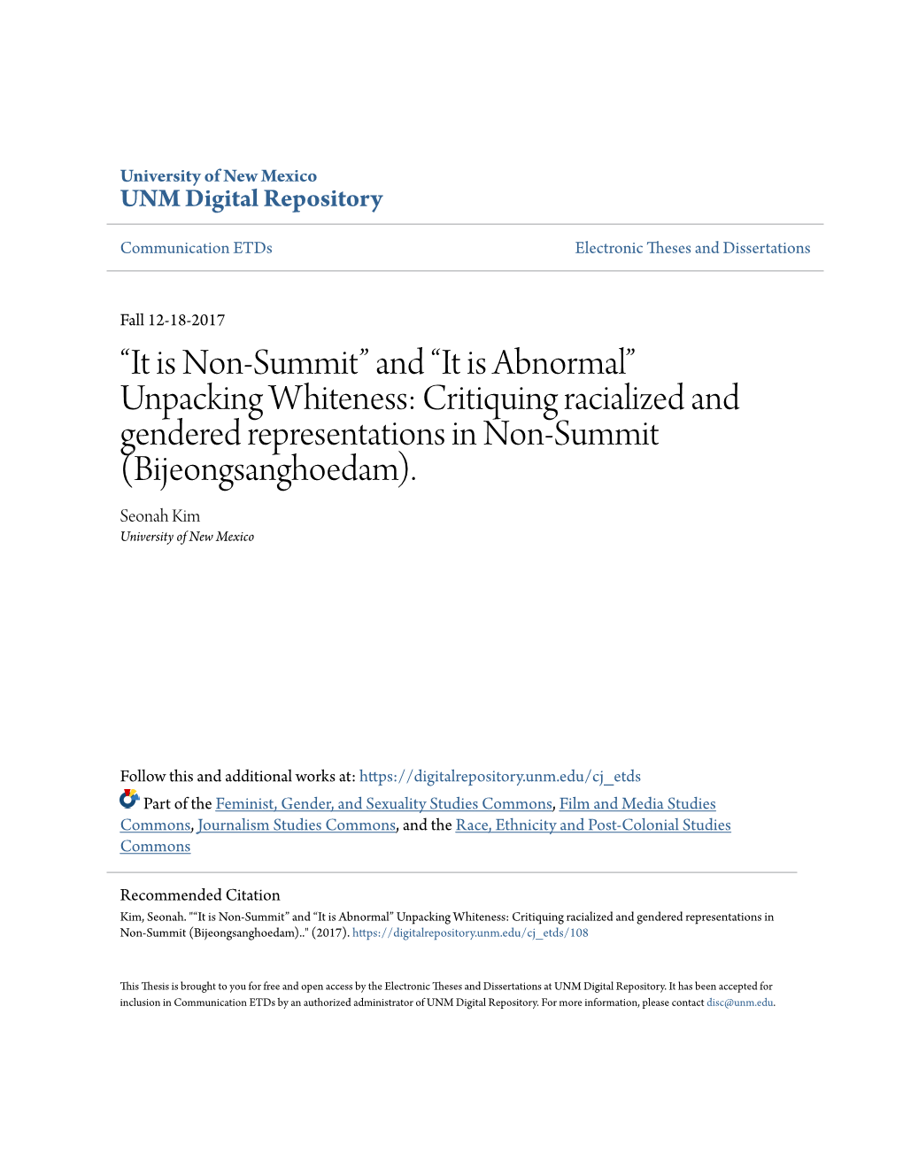It Is Non-Summit” and “It Is Abnormal” Unpacking Whiteness: Critiquing Racialized and Gendered Representations in Non-Summit (Bijeongsanghoedam)