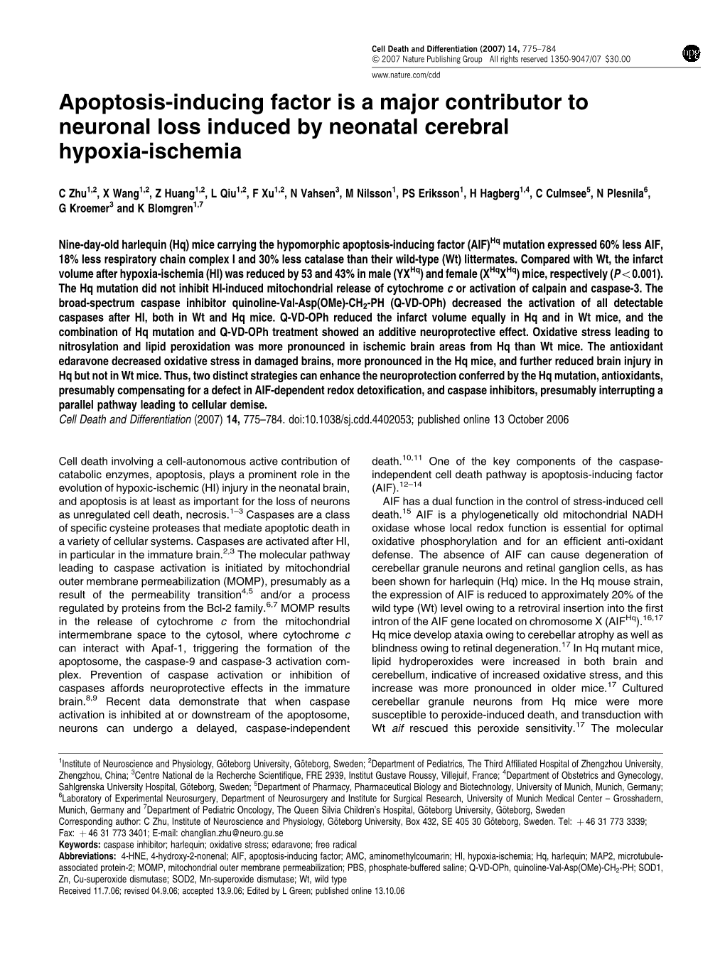 Apoptosis-Inducing Factor Is a Major Contributor to Neuronal Loss Induced by Neonatal Cerebral Hypoxia-Ischemia