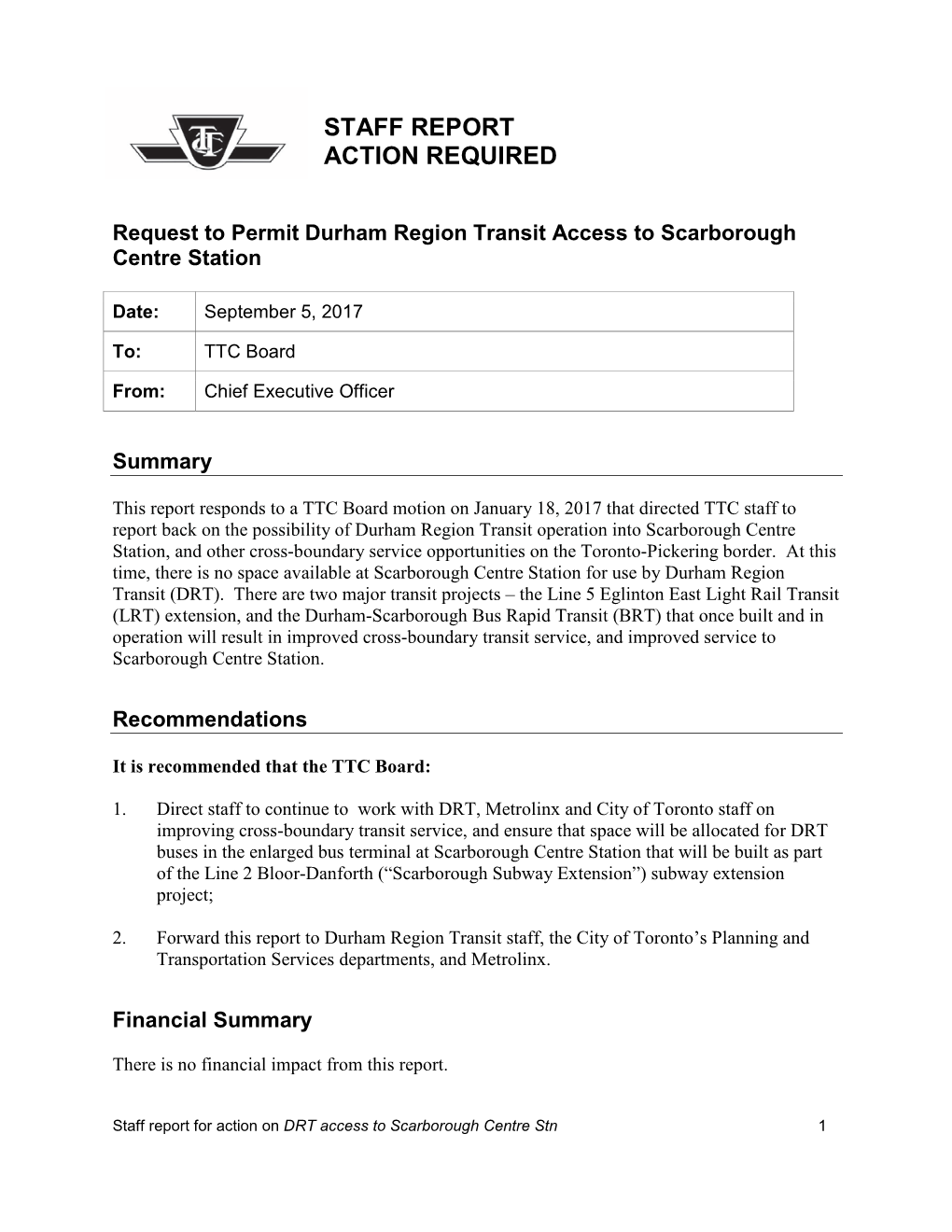 Request to Permit Durham Region Transit Access to Scarborough Centre Station