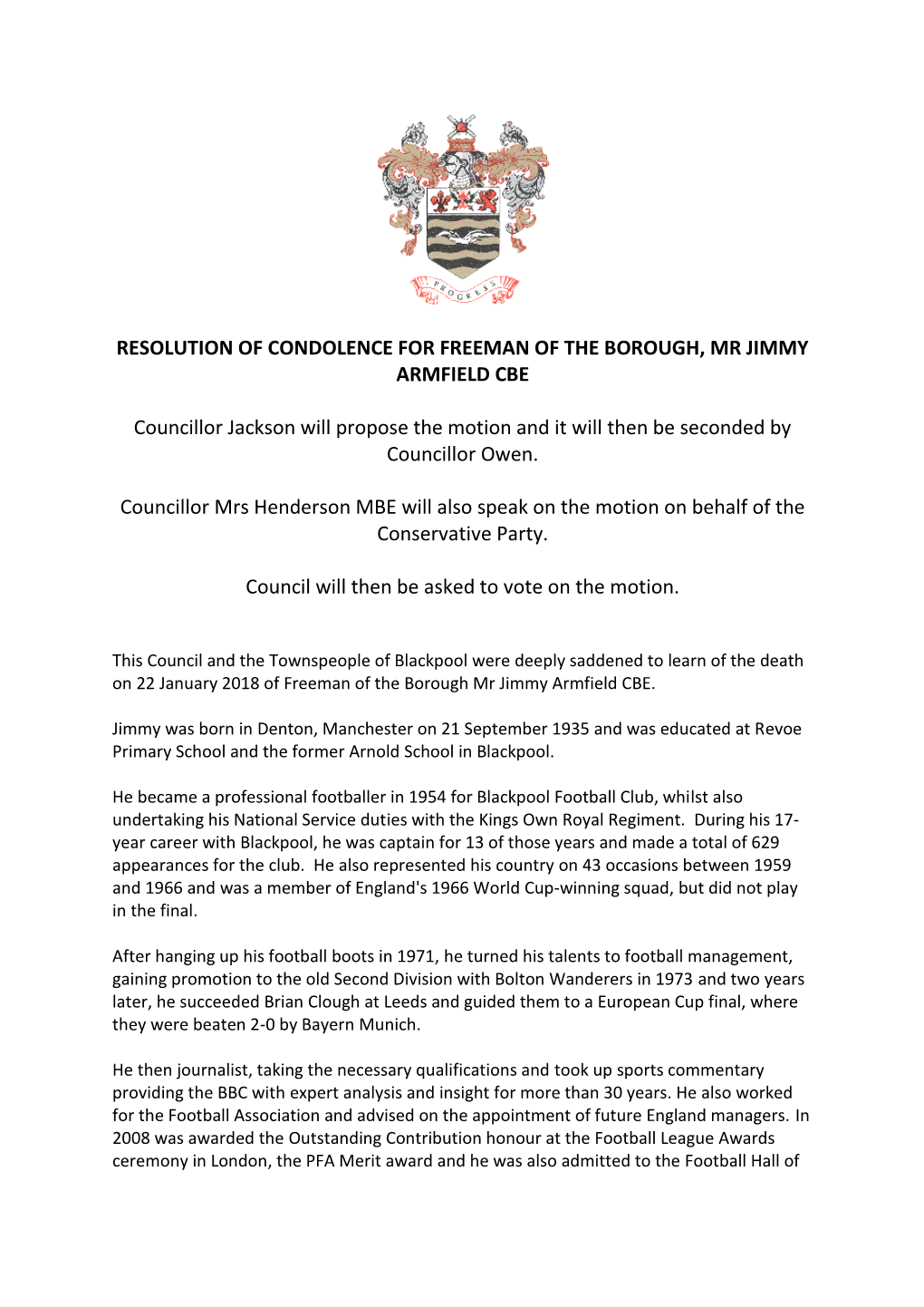 Resolution of Condolence for Councillor Norman