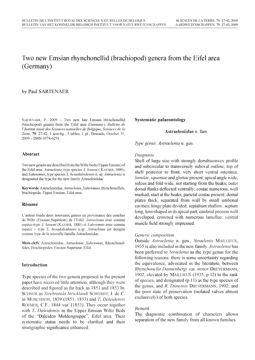 Two New Emsian Rhynchonellid (Brachiopod) Genera from the Eifel Area (Germany)
