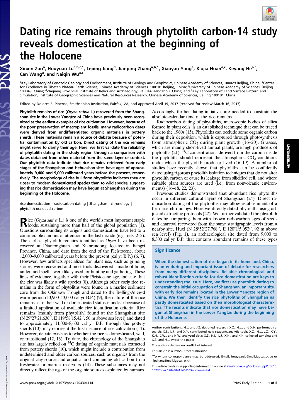 Dating Rice Remains Through Phytolith Carbon-14 Study Reveals Domestication at the Beginning of the Holocene