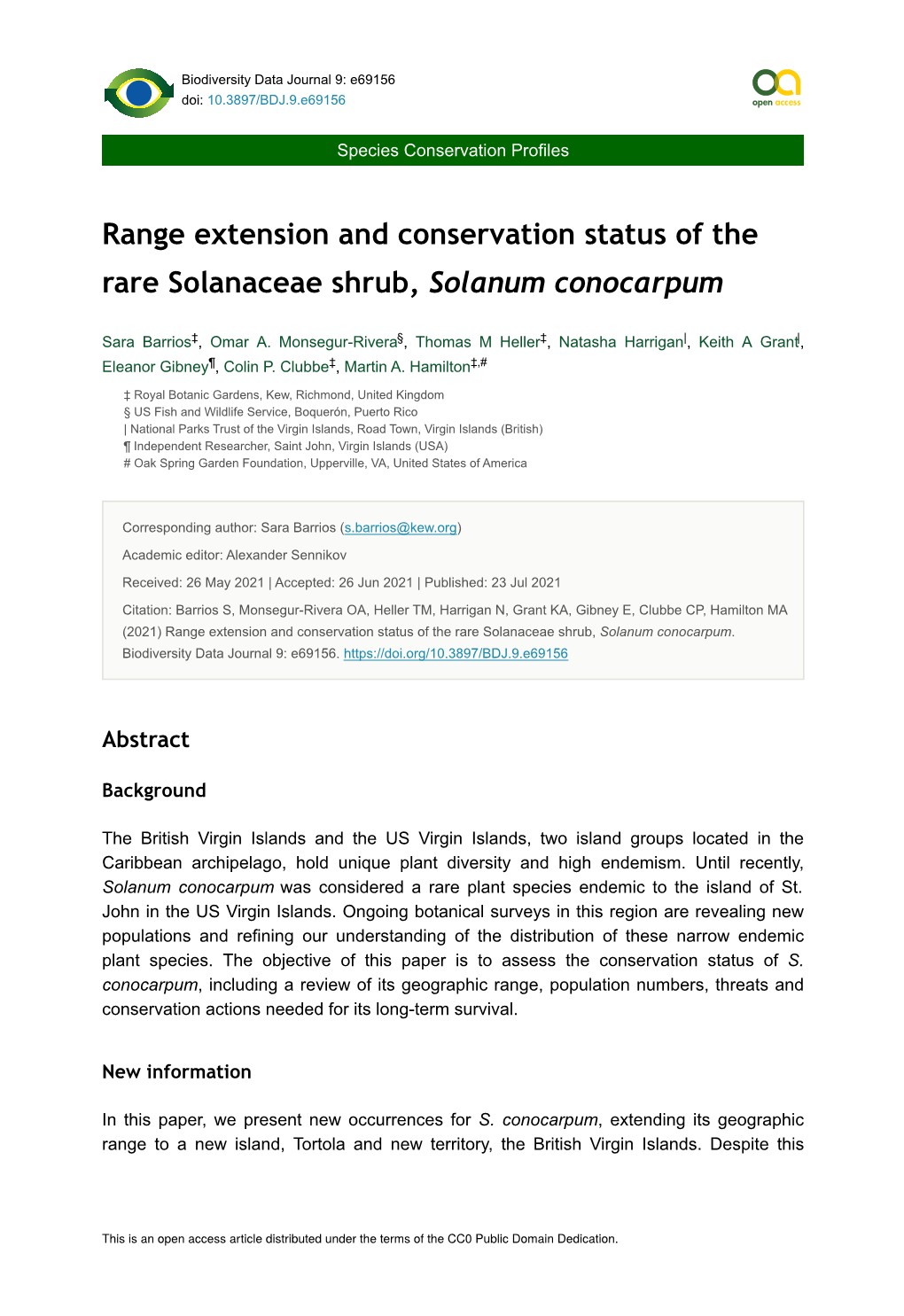 Range Extension and Conservation Status of the Rare Solanaceae Shrub, Solanum Conocarpum