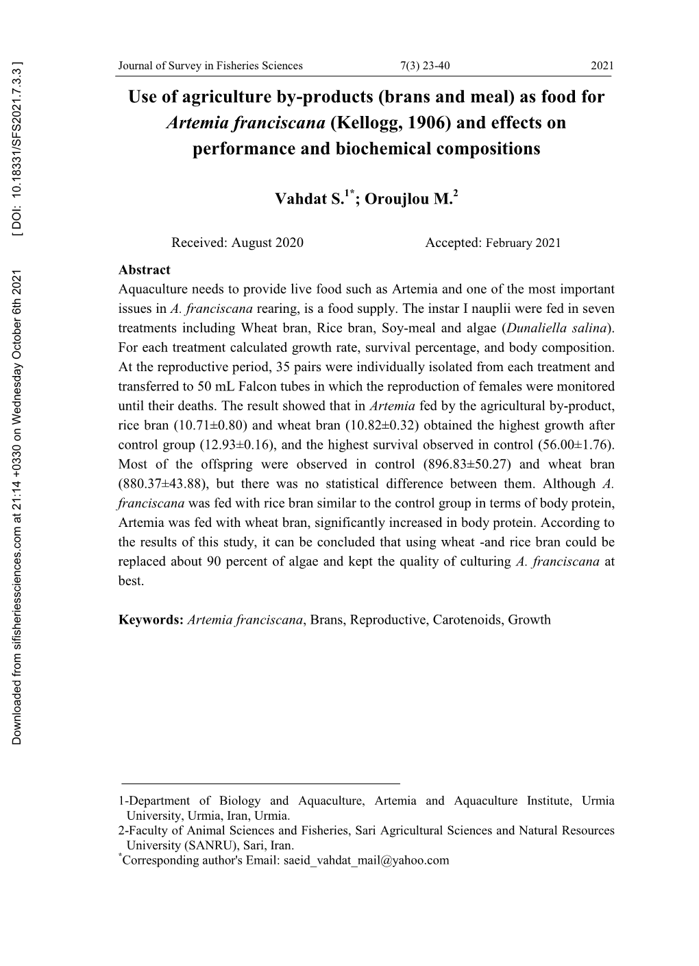 (Brans and Meal) As Food for Artemia Franciscana (Kellogg, 1906) and Effects on Performance and Biochemical Compositions