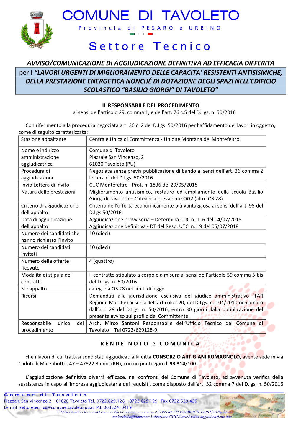 Avviso Aggiudicazione.Doc COMUNE DI TAVOLETO Provincia Di PESARO E URBINO