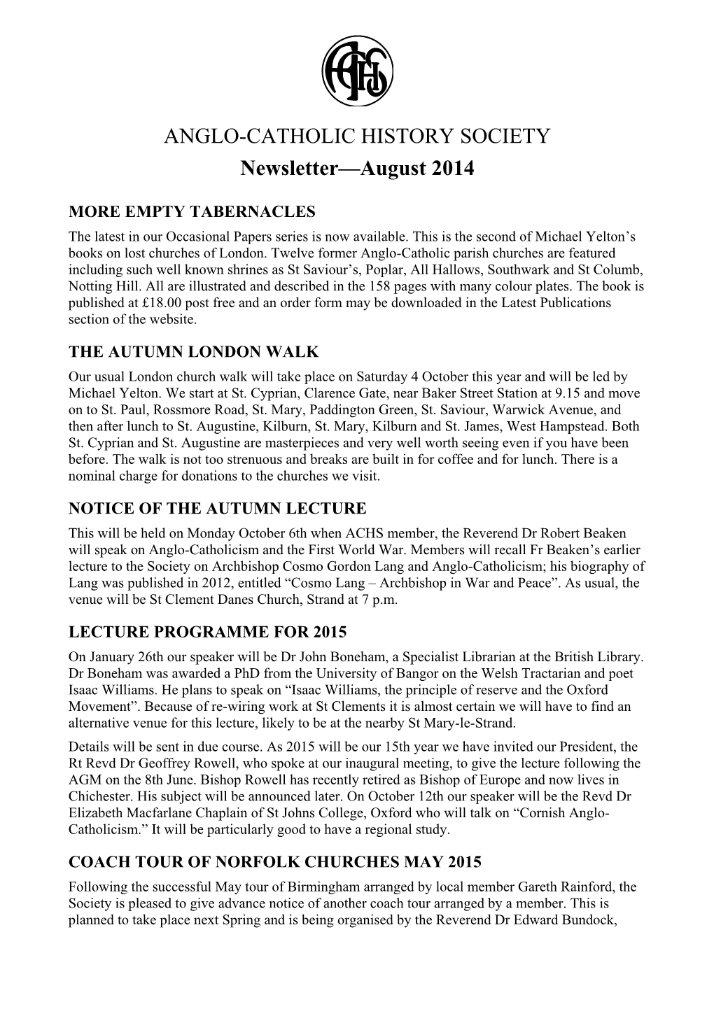 ANGLO-CATHOLIC HISTORY SOCIETY Newsletter—August 2014