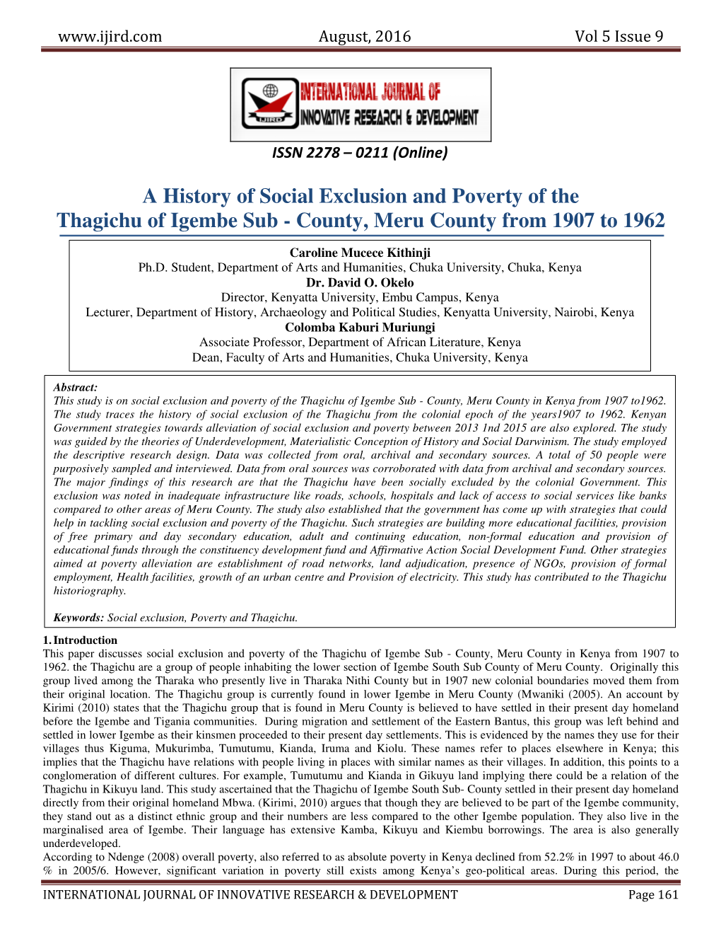 A History of Social Exclusion and Poverty of the Thagichu of Igembe Sub - County, Meru County from 1907 to 1962