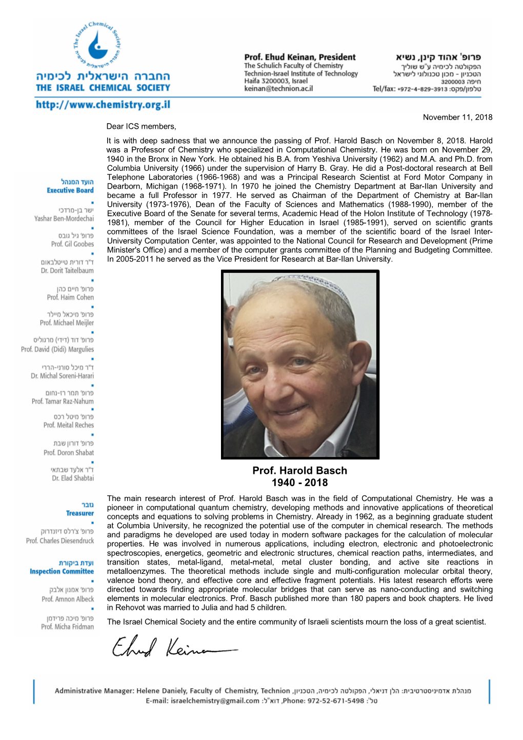 Prof. Harold Basch 1940 - 2018 the Main Research Interest of Prof