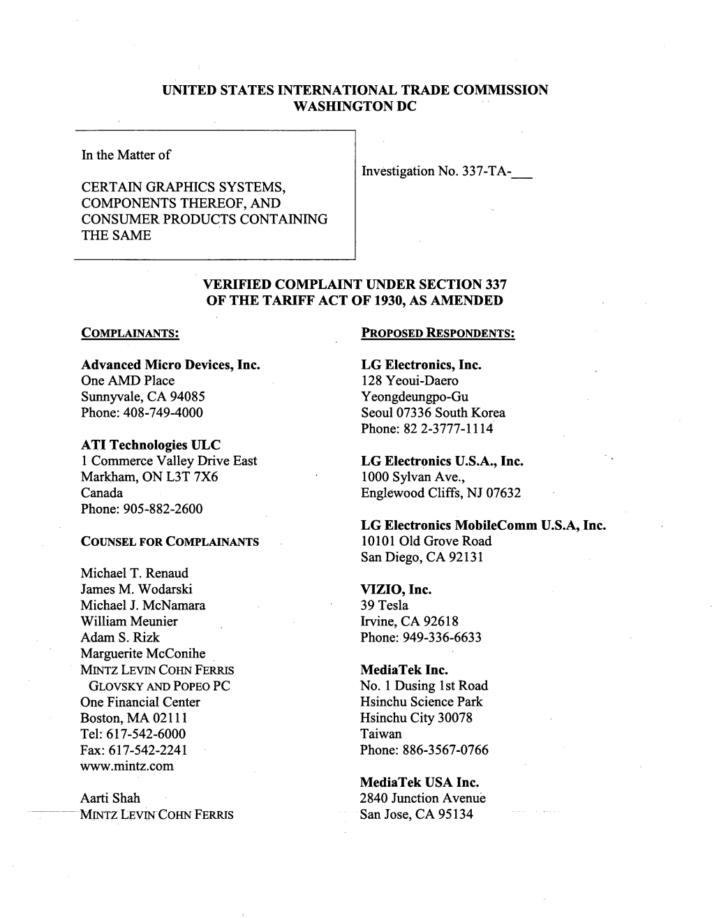 Complaint Under Section 337 of the Tariff Act of 1930,As Amended