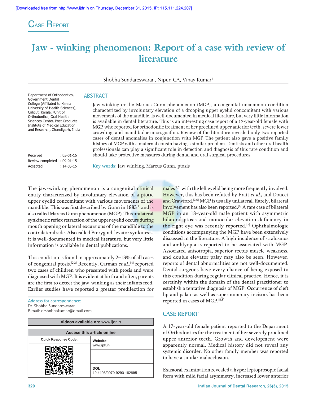 Jaw ‑ Winking Phenomenon: Report of a Case with Review of Literature