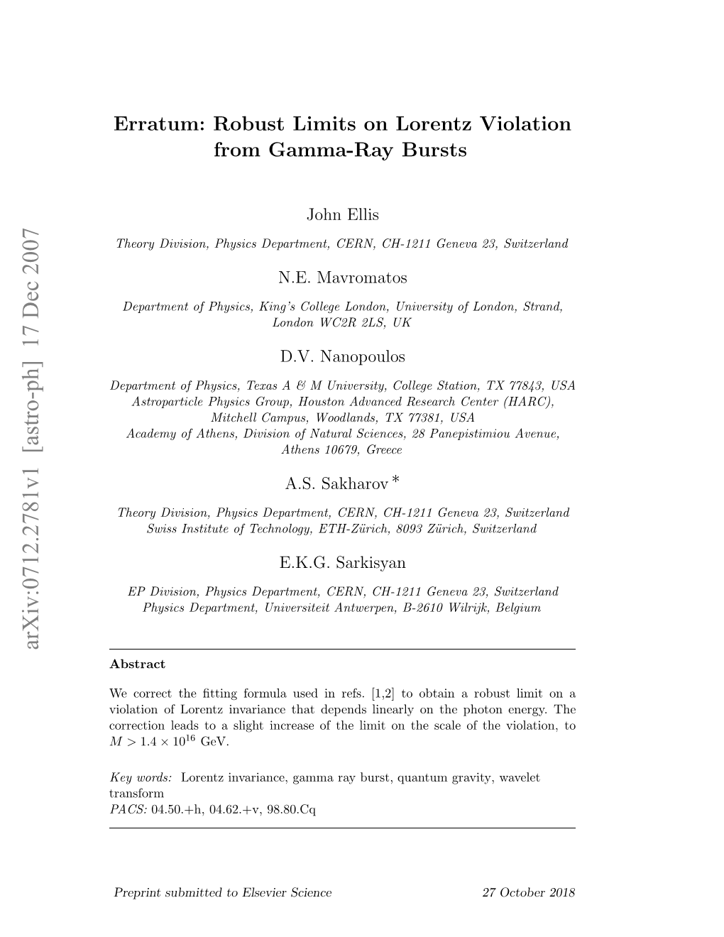 Erratum (Astro-Ph/0510172): Robust Limits on Lorentz Violation from Gamma-Ray Bursts