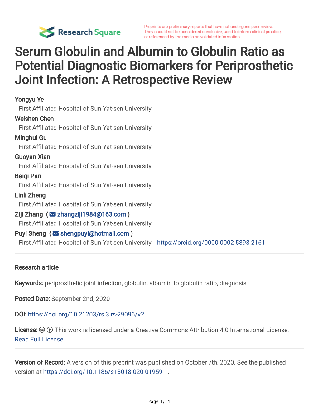 Serum Globulin and Albumin to Globulin Ratio As Potential Diagnostic Biomarkers for Periprosthetic Joint Infection: a Retrospective Review