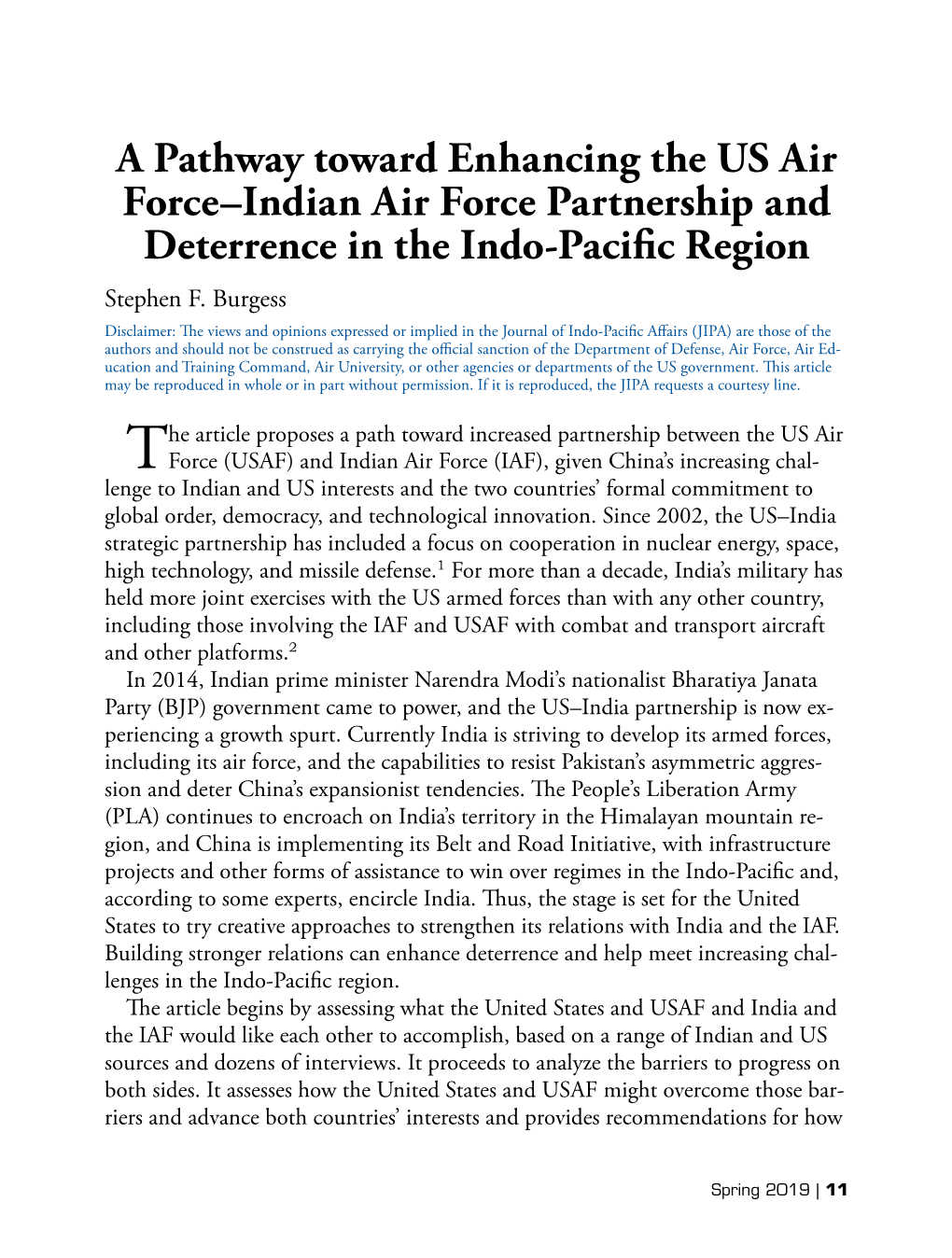 A Pathway Toward Enhancing the US Air Force–Indian Air Force Partnership and Deterrence in the Indo-Pacific Region Stephen F