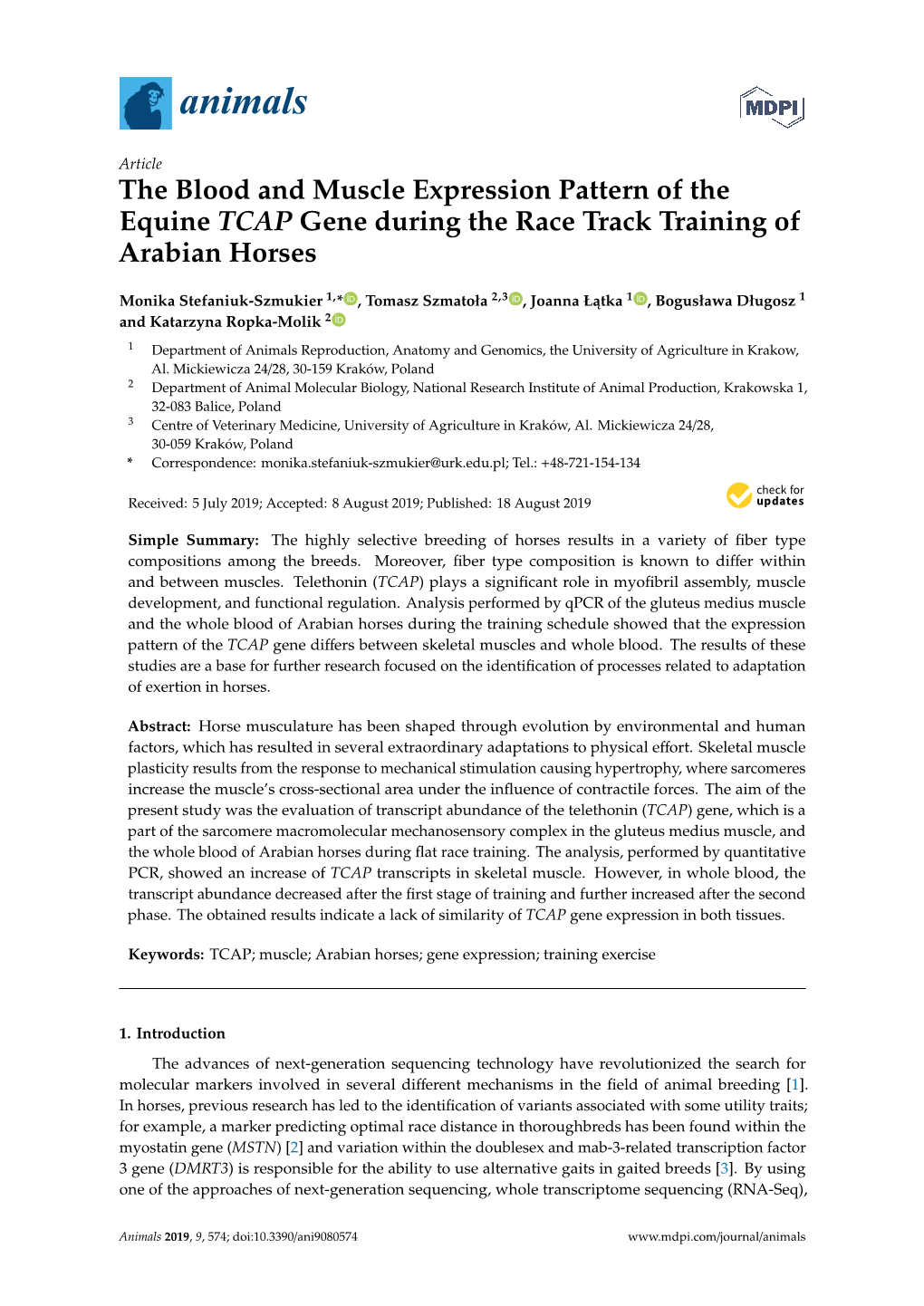 The Blood and Muscle Expression Pattern of the Equine TCAP Gene During the Race Track Training of Arabian Horses