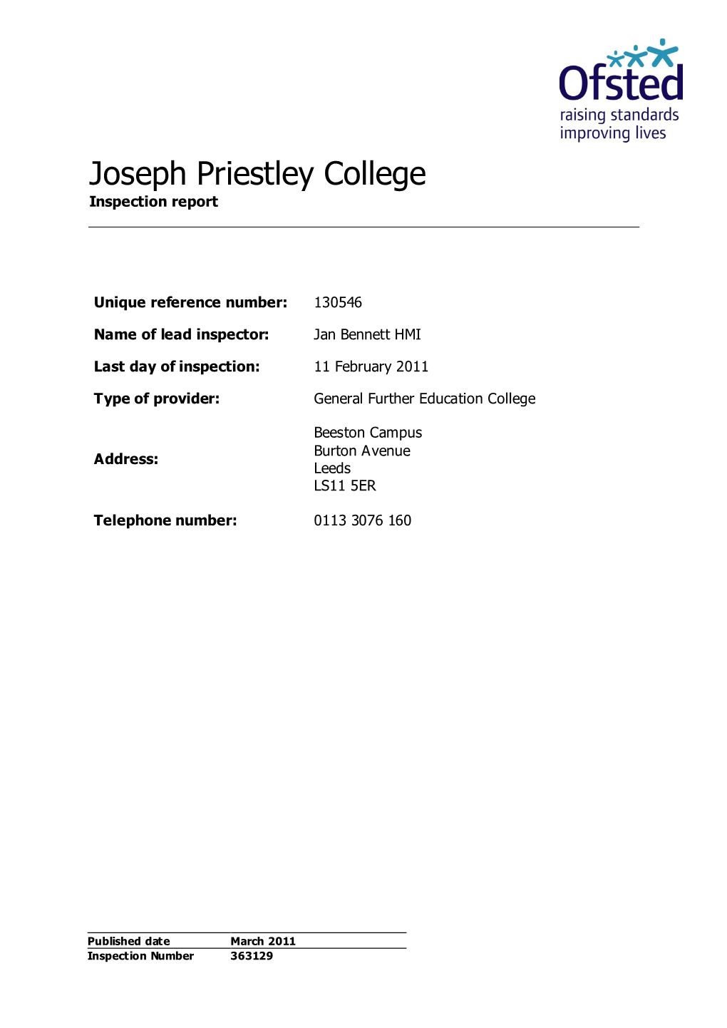Joseph Priestley College Inspection Report