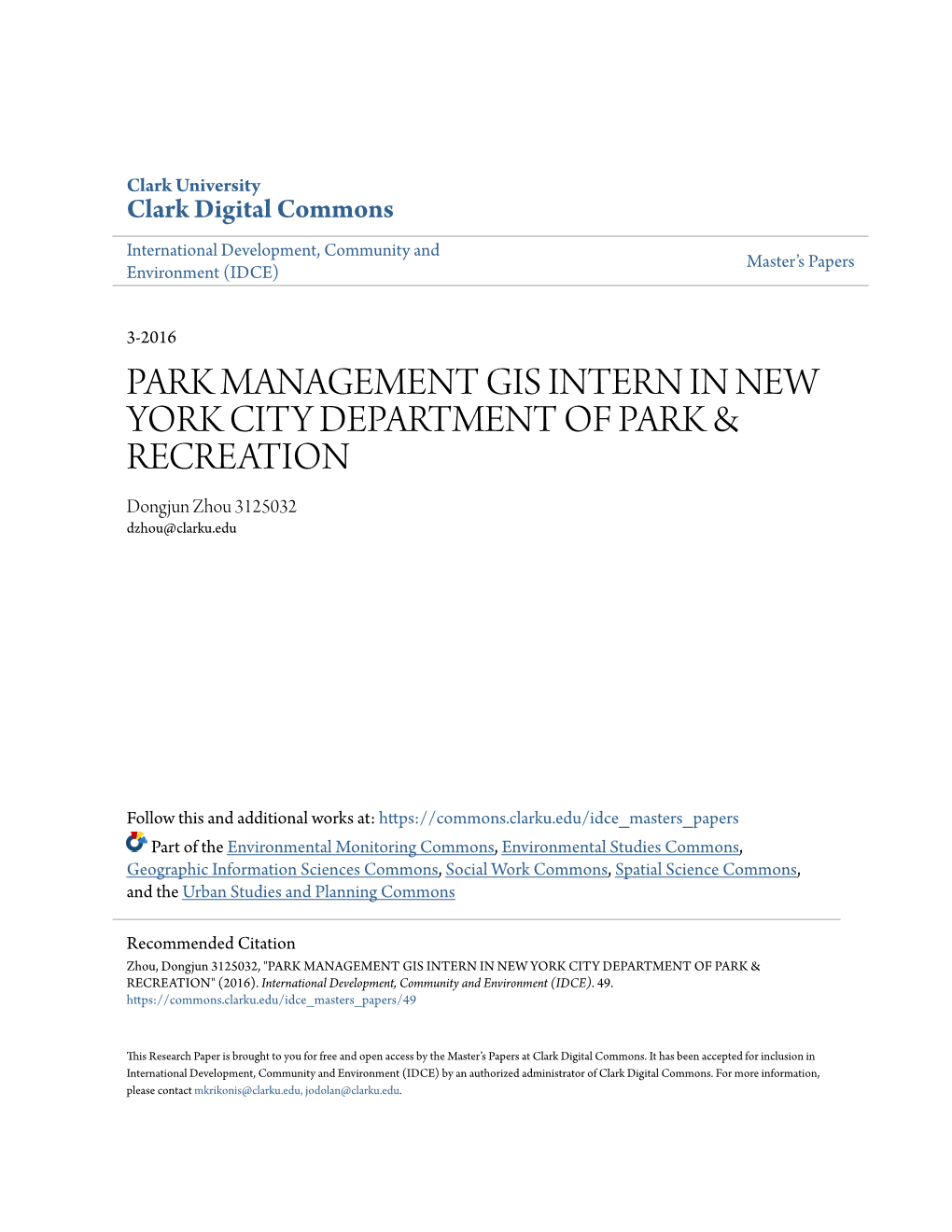 Park Management Gis Intern in New York City Department of Park & Recreation