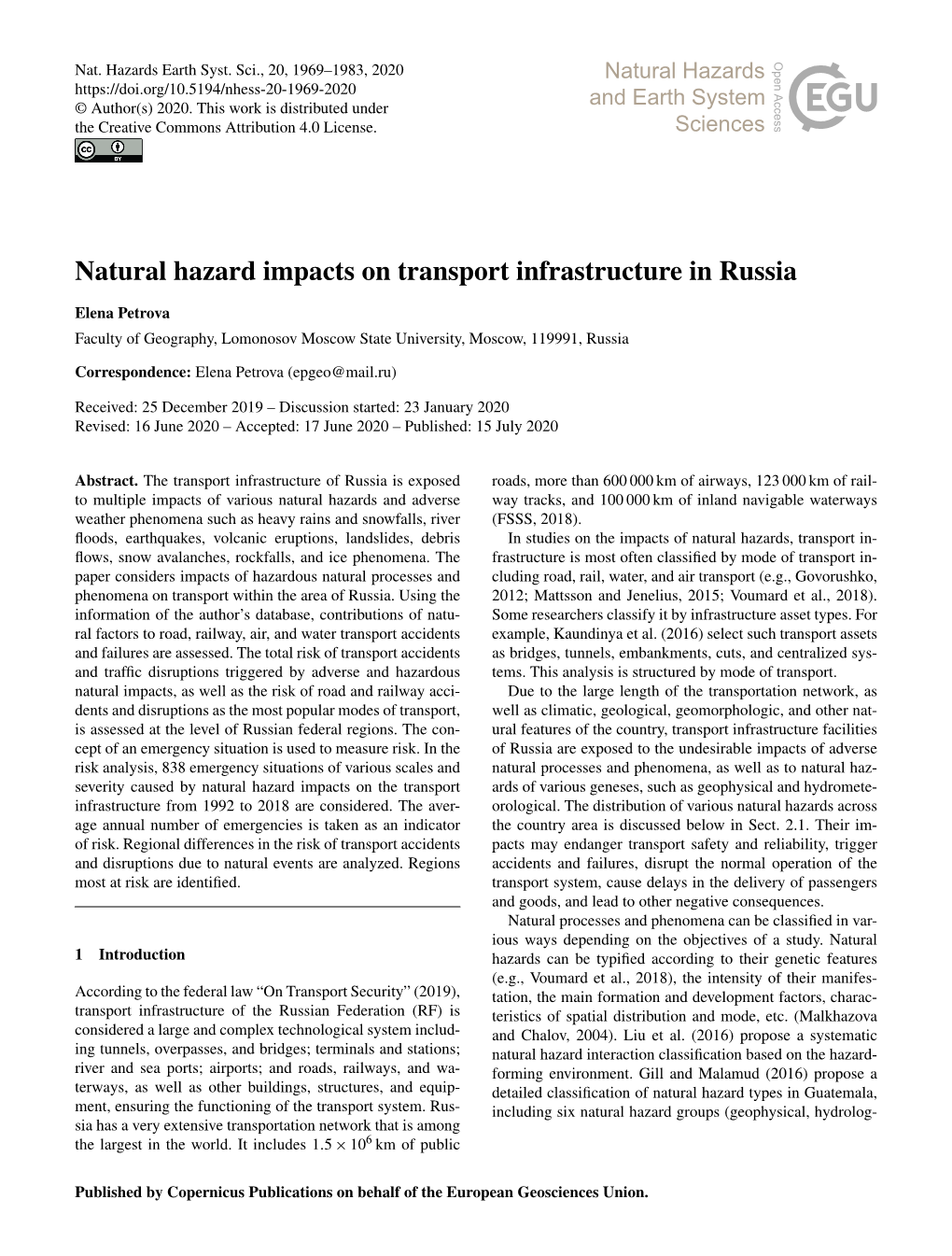 Natural Hazard Impacts on Transport Infrastructure in Russia