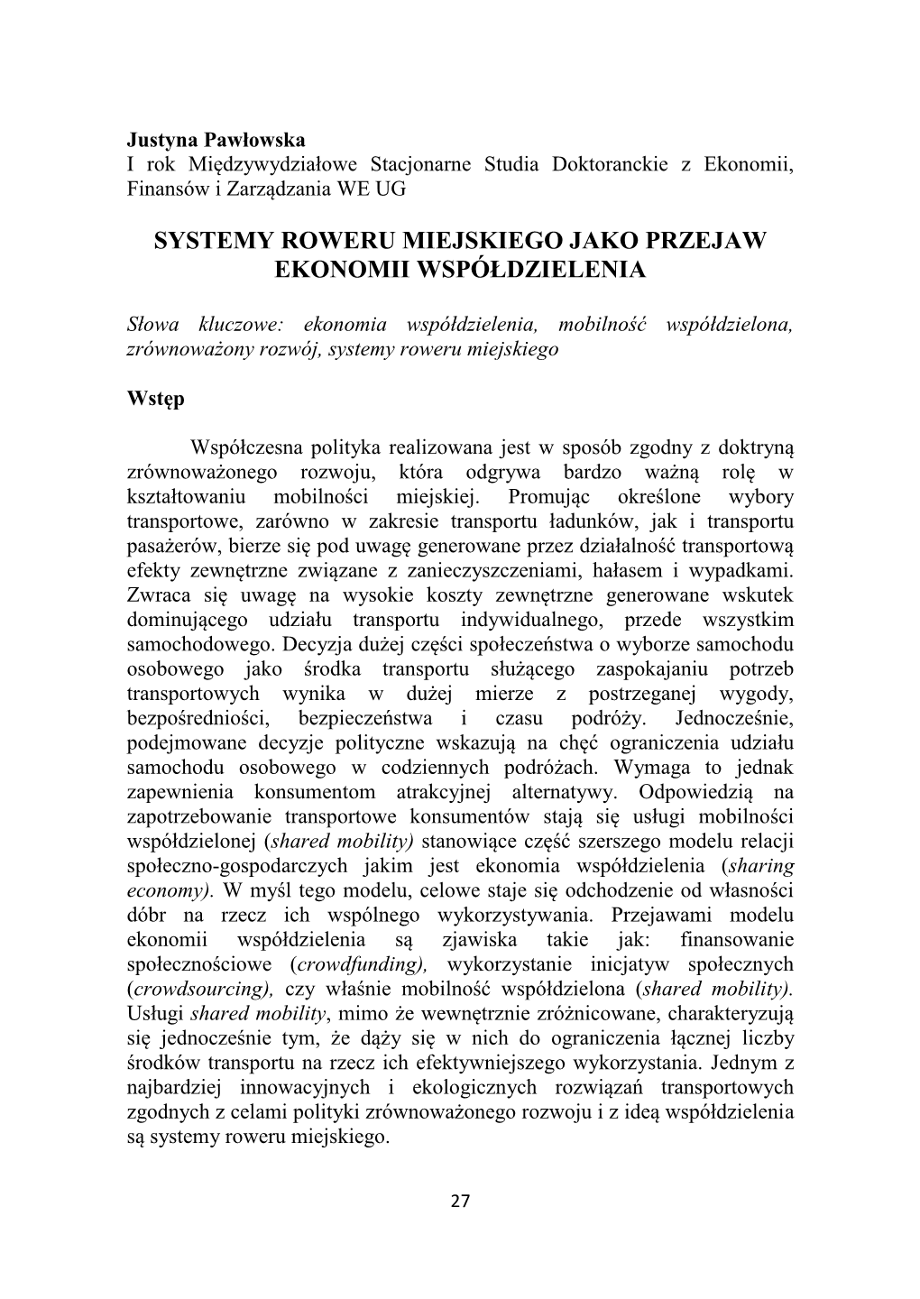 Systemy Roweru Miejskiego Jako Przejaw Ekonomii Współdzielenia