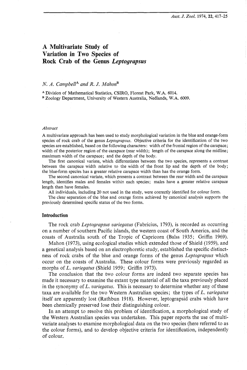 A Multivariate Study of Variation in Two Species of Rock Crab of the Genus Leptograpsus