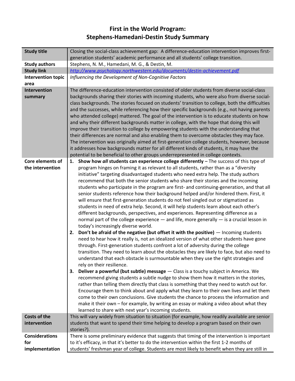 Stephens-Hamedani-Destin Study Summary Under the First in the World Program (MS Word)