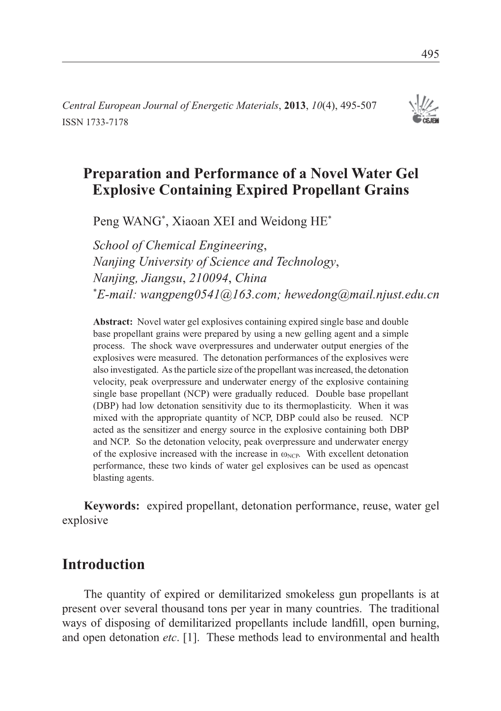 Preparation and Performance of a Novel Water Gel Explosive