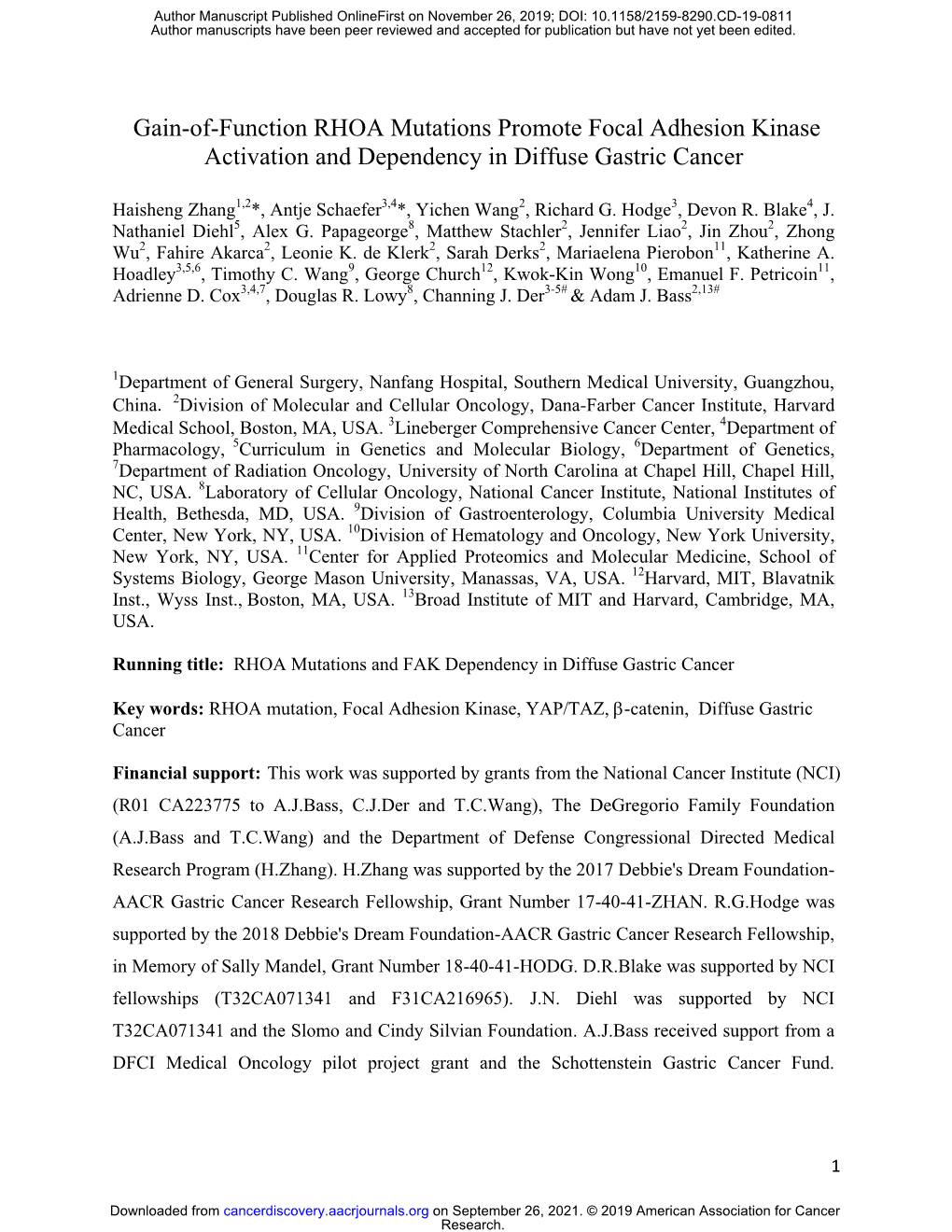 Gain-Of-Function RHOA Mutations Promote Focal Adhesion Kinase Activation and Dependency in Diffuse Gastric Cancer