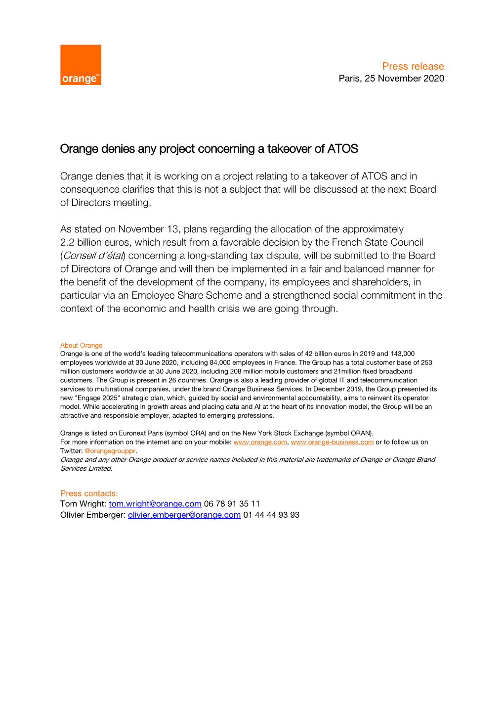Orange Denies Any Project Concerning a Takeover of ATOS