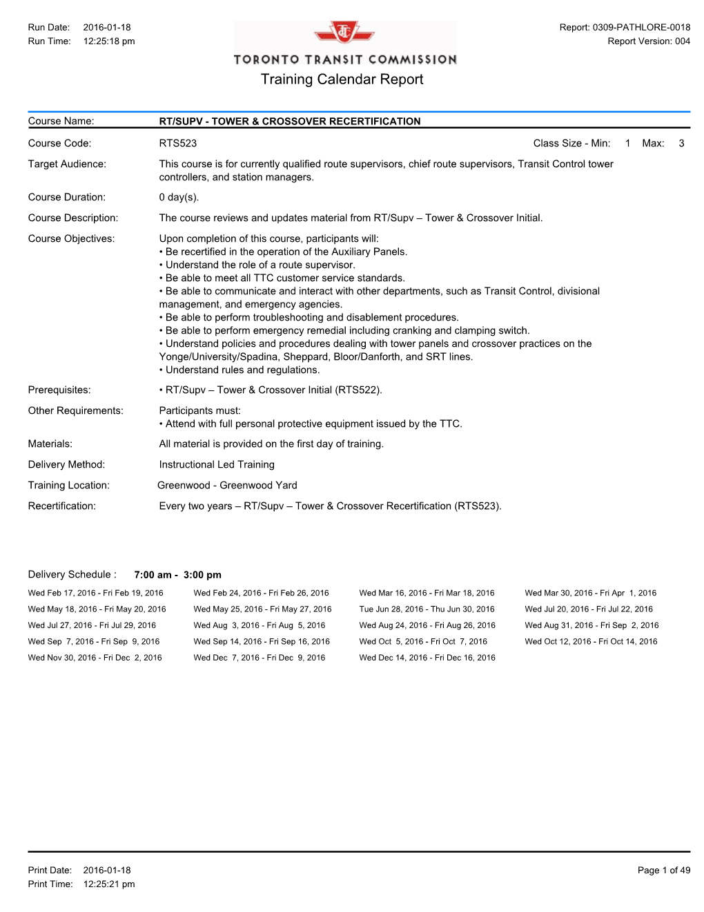 Training Calendar Report for Specific Courses Only