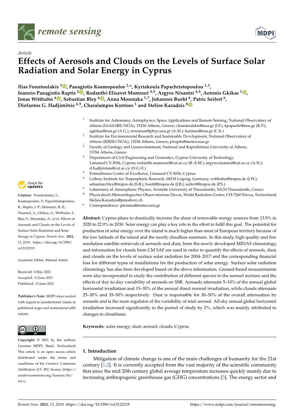 Effects of Aerosols and Clouds on the Levels of Surface Solar Radiation and Solar Energy in Cyprus