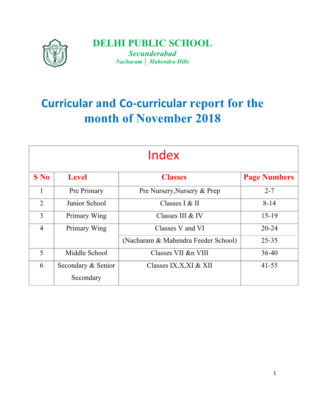 Curricular and Co-Curricular Report for the Month of November 2018