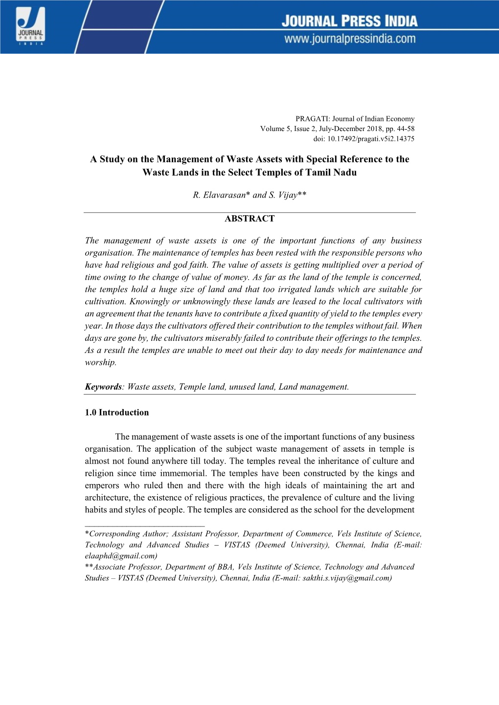 A Study on the Management of Waste Assets with Special Reference to the Waste Lands in the Select Temples of Tamil Nadu