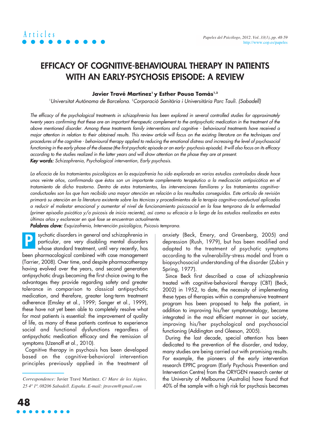 Efficacy of Cognitive-Behavioural Therapy in Patients with an Early-Psychosis Episode: a Review