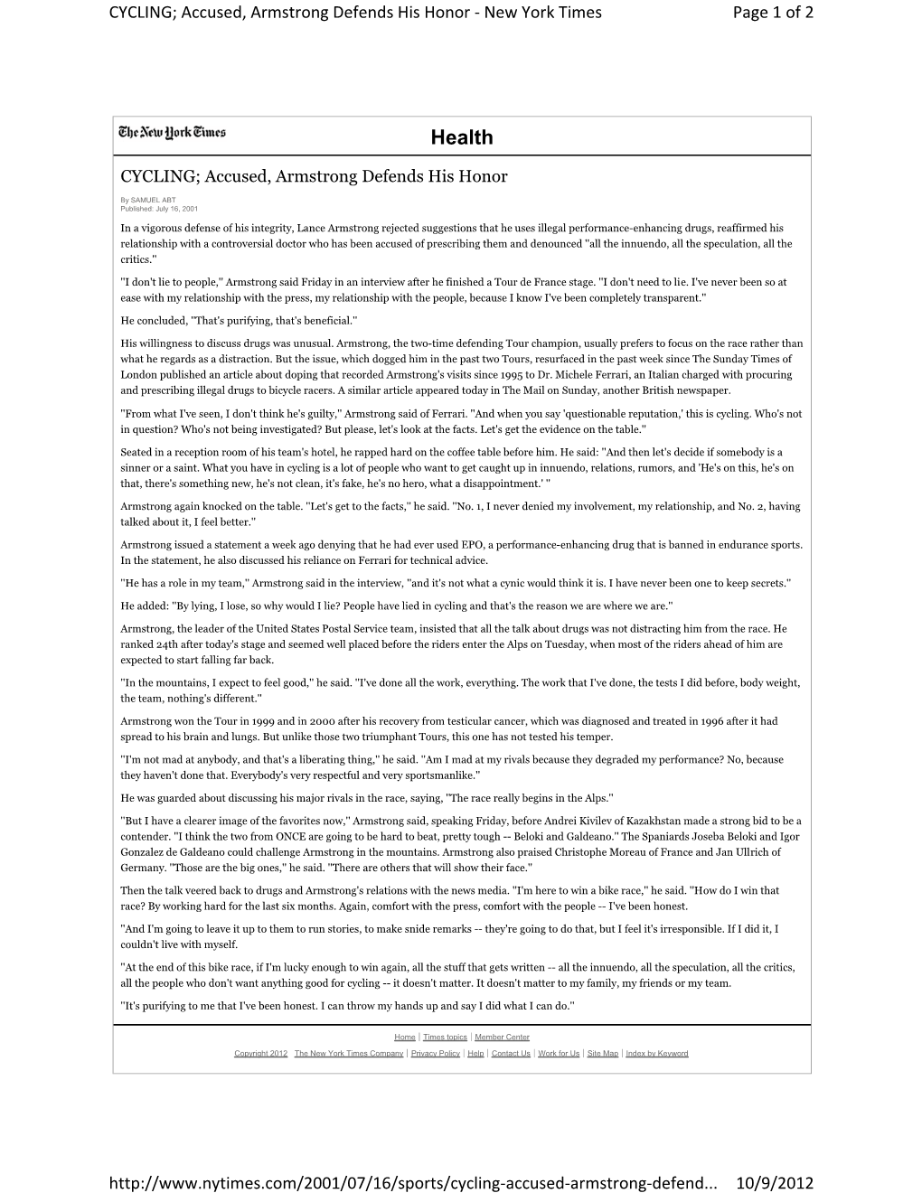 2001-07-16 Accused, Armstrong Defends His Honor.Pdf
