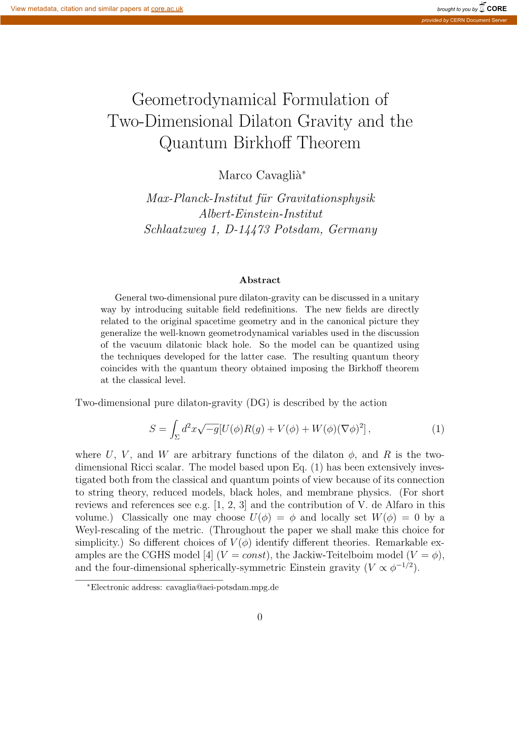 Geometrodynamical Formulation of Two-Dimensional Dilaton Gravity and the Quantum Birkhoﬀ Theorem