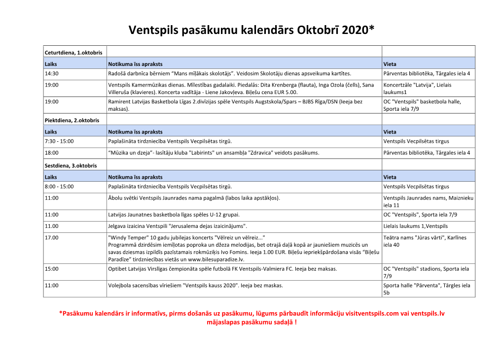 Ventspils Pasākumu Kalendārs Oktobrī 2020 LV