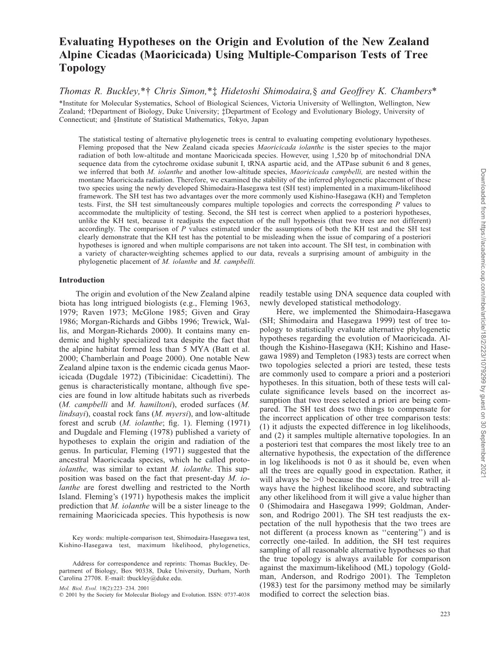 Maoricicada) Using Multiple-Comparison Tests of Tree Topology