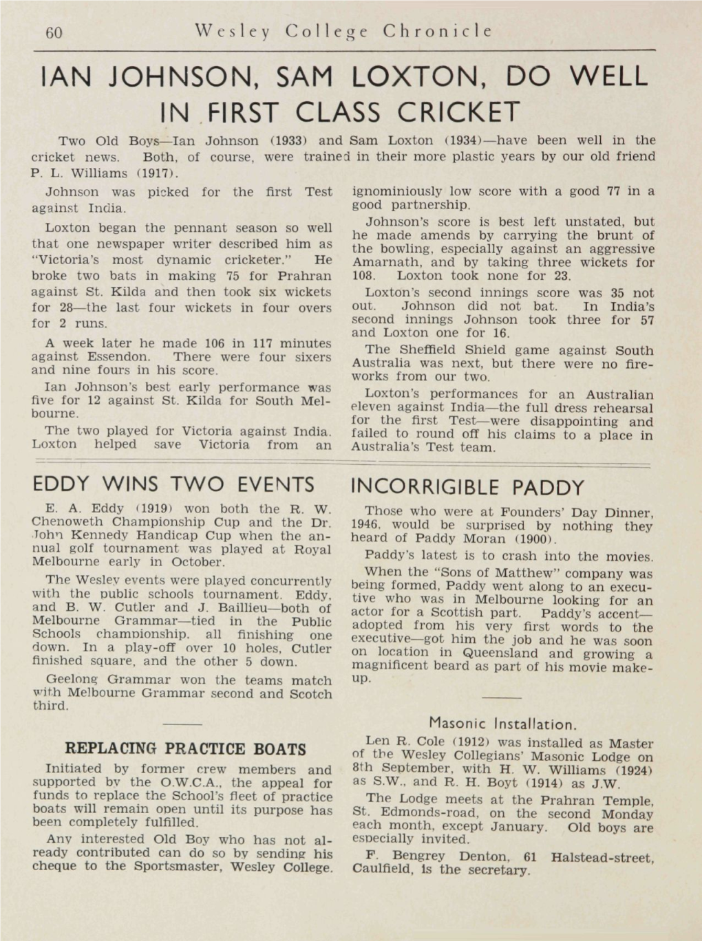 IAN JOHNSON, SAM LOXTON, DO WELL in FIRST CLASS CRICKET Two Old Boys—Ian Johnson (1933) and Sam Loxton (1934)—Have Been Well in the Cricket News