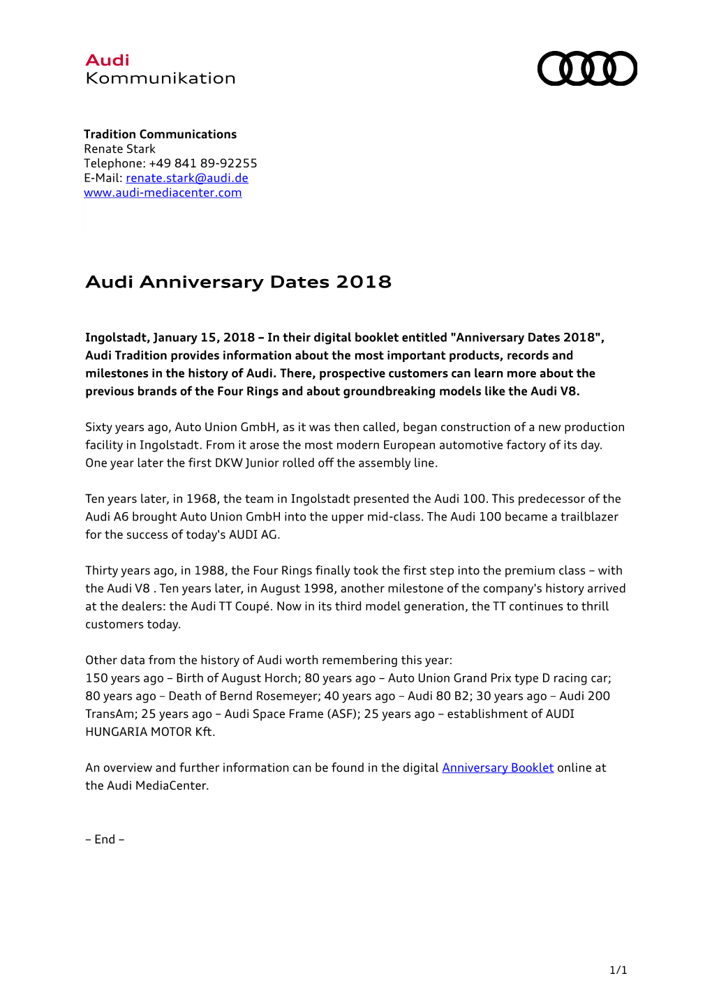 Audi Anniversary Dates 2018