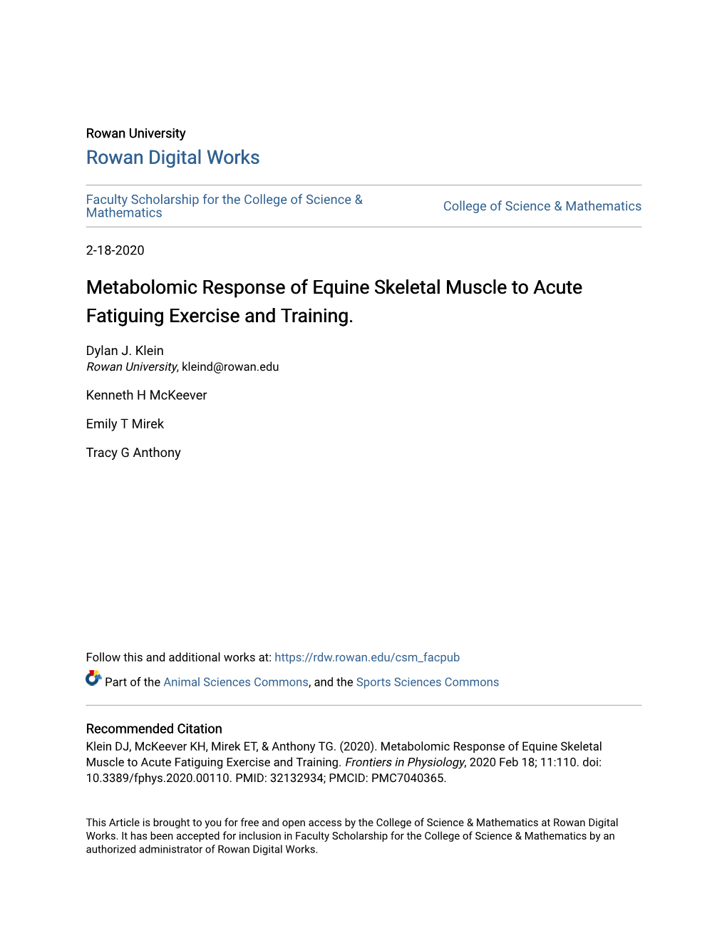 Metabolomic Response of Equine Skeletal Muscle to Acute Fatiguing Exercise and Training