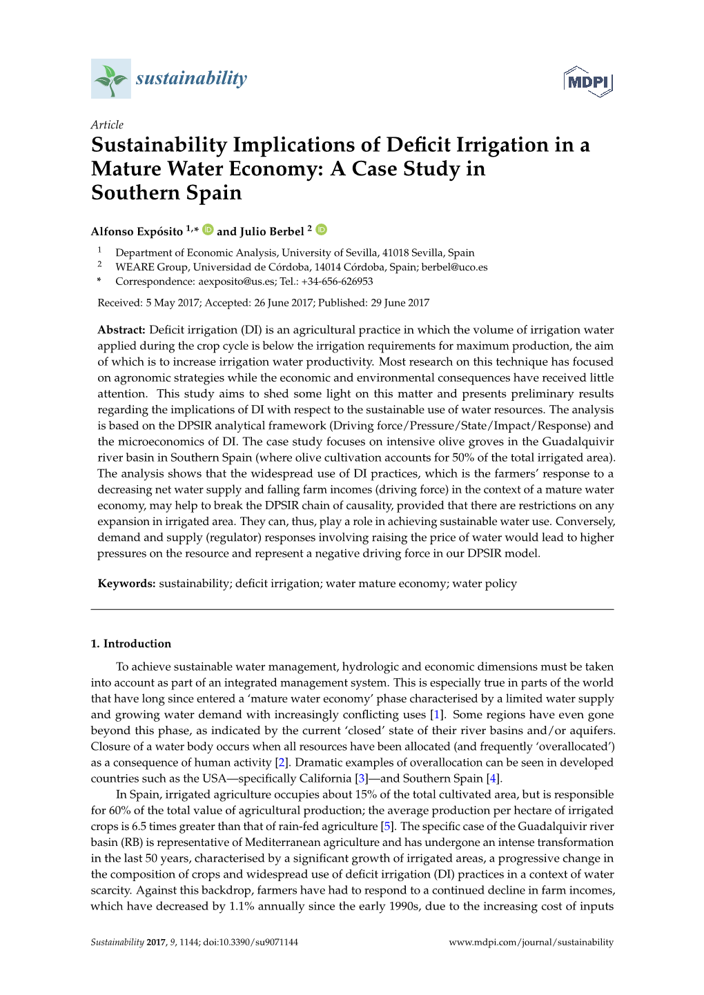 Sustainability Implications of Deficit Irrigation in a Mature Water Economy