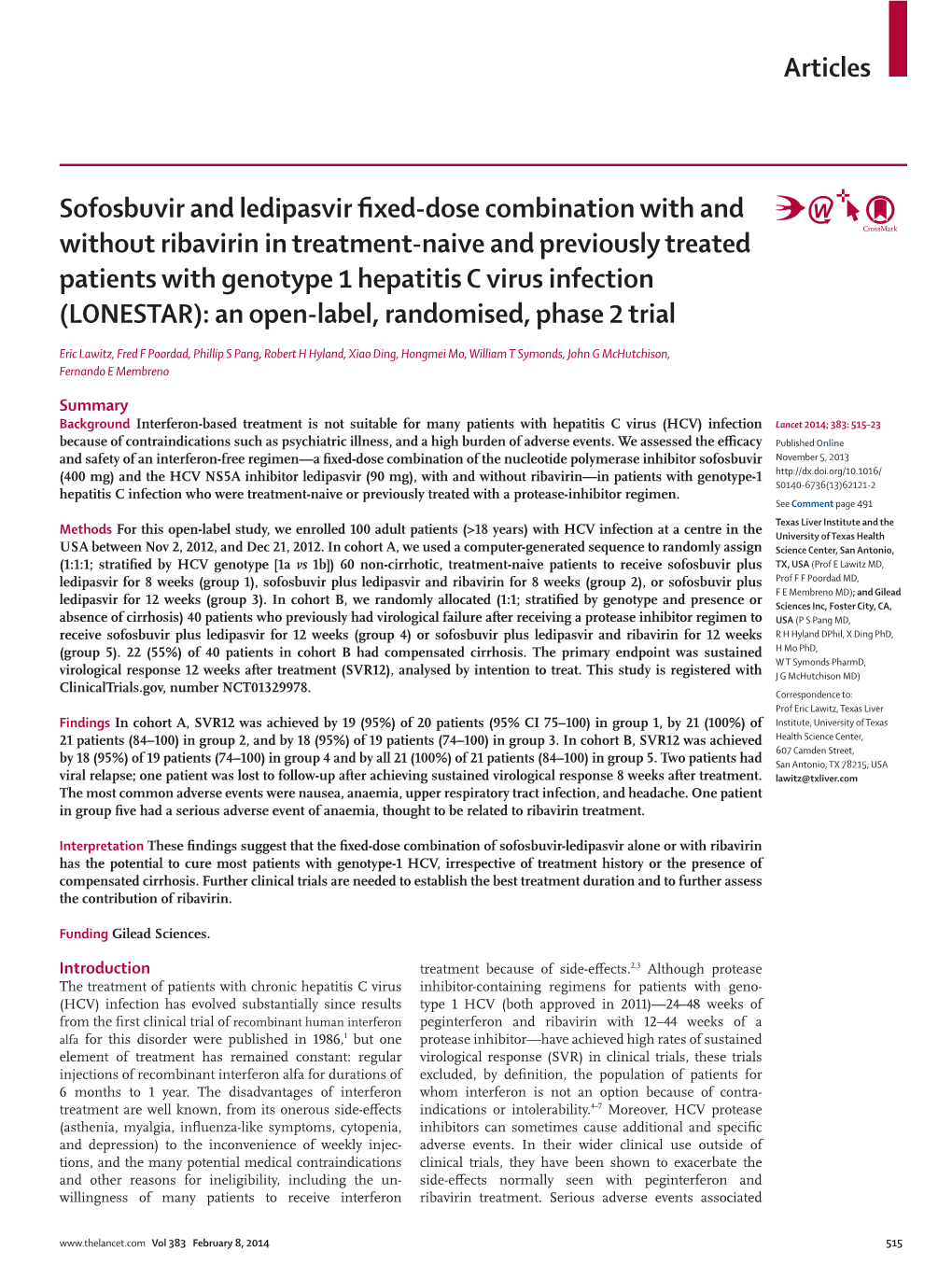 Sofosbuvir and Ledipasvir Fixed-Dose Combination with and Without